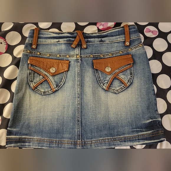 Jou Jou Denim Mini Skirt Leather on Pockets - Picture 2 of 6